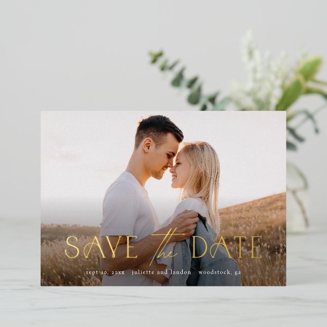 Elegant Typography Photo Wedding Save The Date Foil Invitation (Standing Front)