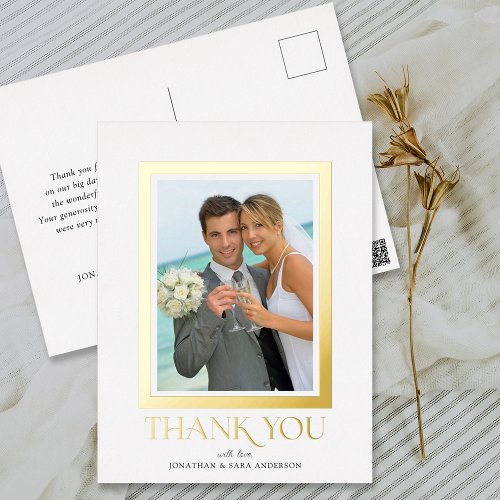 Elegant Typography Photo Wedding Thank You Gold Fo Foil Invitation Postcard