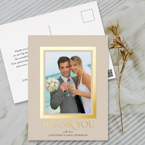 Elegant Typography Photo Wedding Thank You Gold Foil Invitation Postcard