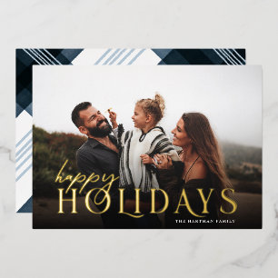 Elegant Typography Plaid Happy Holidays Photo Foil Holiday Card