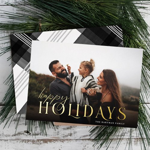 Elegant Typography Plaid Happy Holidays Photo    Foil Holiday Card