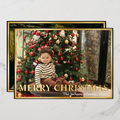 Elegant Typography Plaid Merry Christmas 2 Photo  Foil Holiday Card
