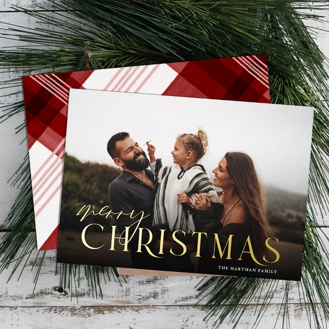  Elegant Typography Plaid Merry Christmas Photo    Foil Holiday Card (Creator Uploaded)