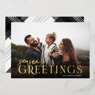 Elegant Typography Plaid Season's Greetings Photo Foil Holiday Card