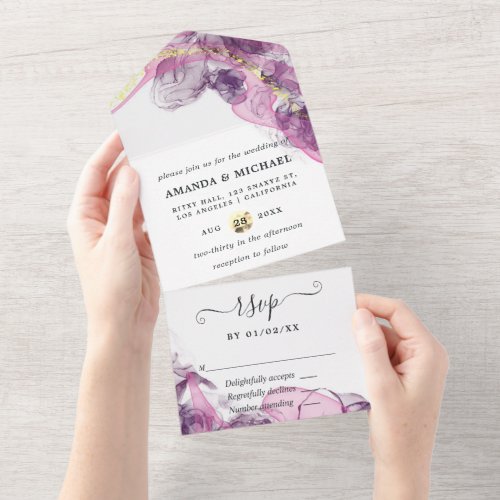 Elegant Typography Purple and Gold Ink Wedding All In One Invitation