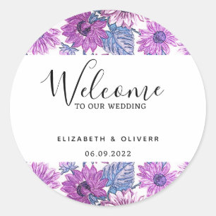 Elegant Typography Purple Floral Welcome Wedding Classic Round Sticker