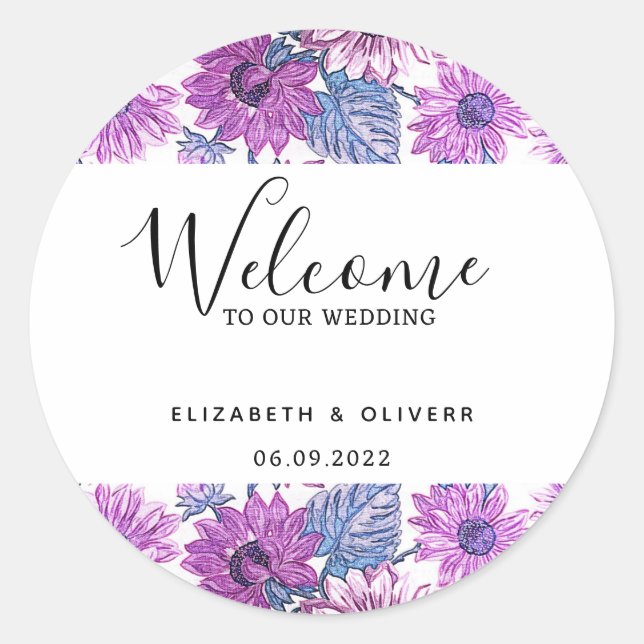  Elegant Typography Purple Floral Welcome Wedding  Classic Round Sticker (Front)