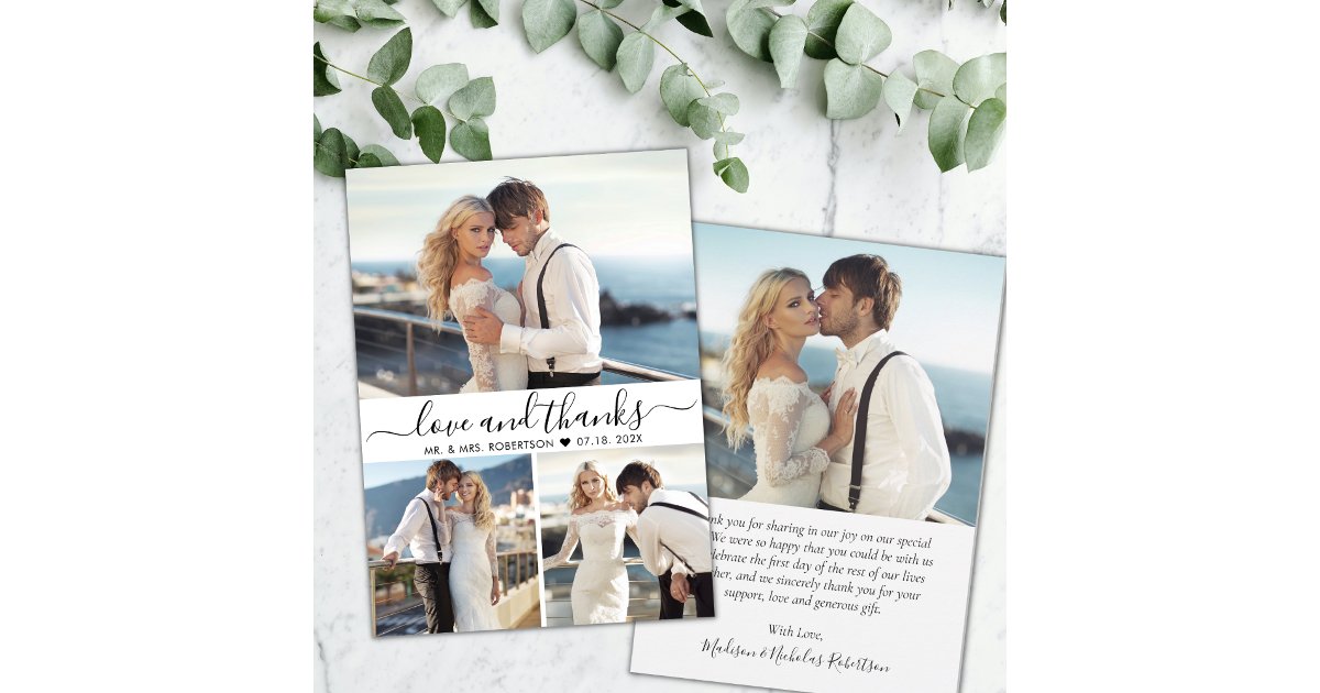 Elegant Typography Script 3 Photo Collage Wedding Thank You Card | Zazzle