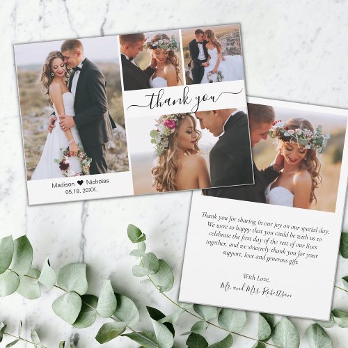 Elegant Typography Script 4 Photo Collage Wedding Thank You Card