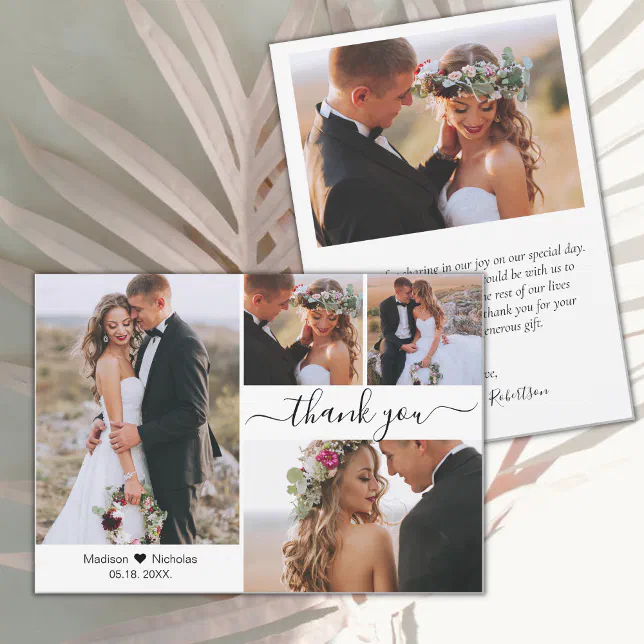 Elegant Typography Script 4 Photo Collage Wedding Thank You Card | Zazzle