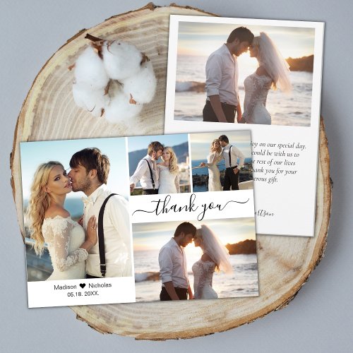 Elegant Typography Script 4 Photo Collage Wedding  Thank You Card