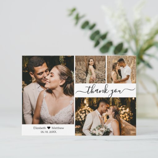 Elegant Typography Script Wedding 4 Photo Collage Thank You Card | Zazzle