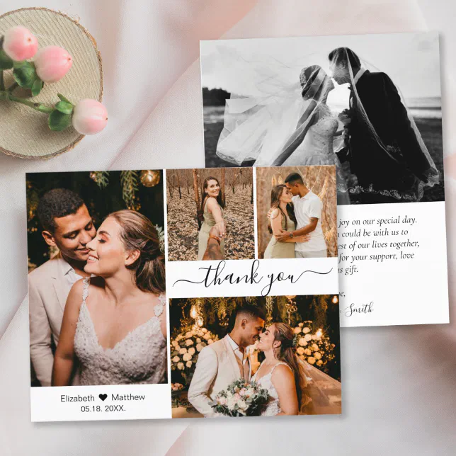 Elegant Typography Script Wedding 4 Photo Collage Thank You Card | Zazzle