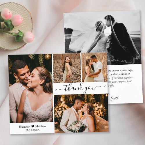 Elegant Typography Script Wedding 4 Photo Collage Thank You Card