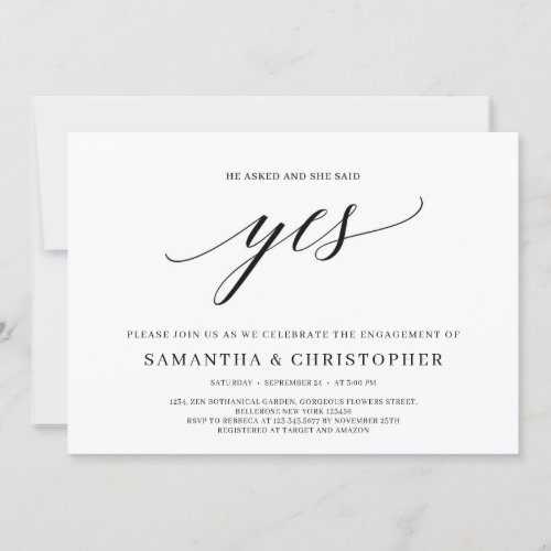 Elegant typography she said yes engagement invitation