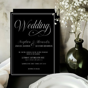 Elegant Typography Silver on Black Formal Wedding  Invitation