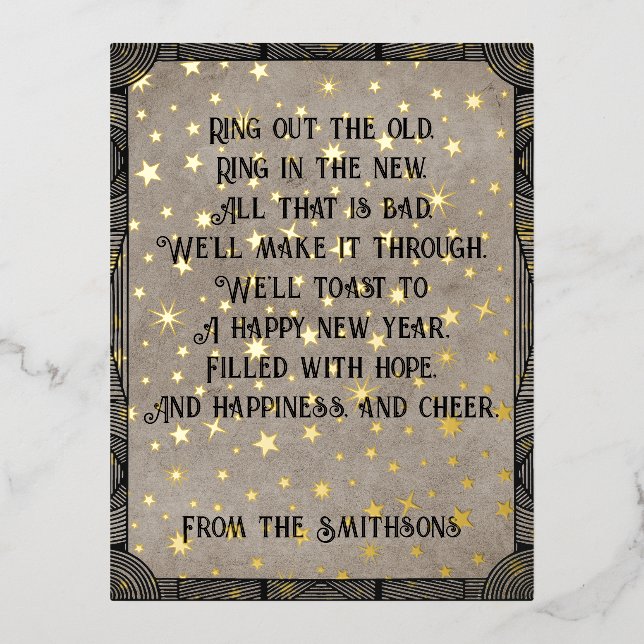    Elegant Typography & Stars Rustic New Year Poem Foil Holiday Postcard (Front)