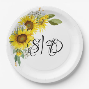 Elegant typography sunflowers wedding paper plates