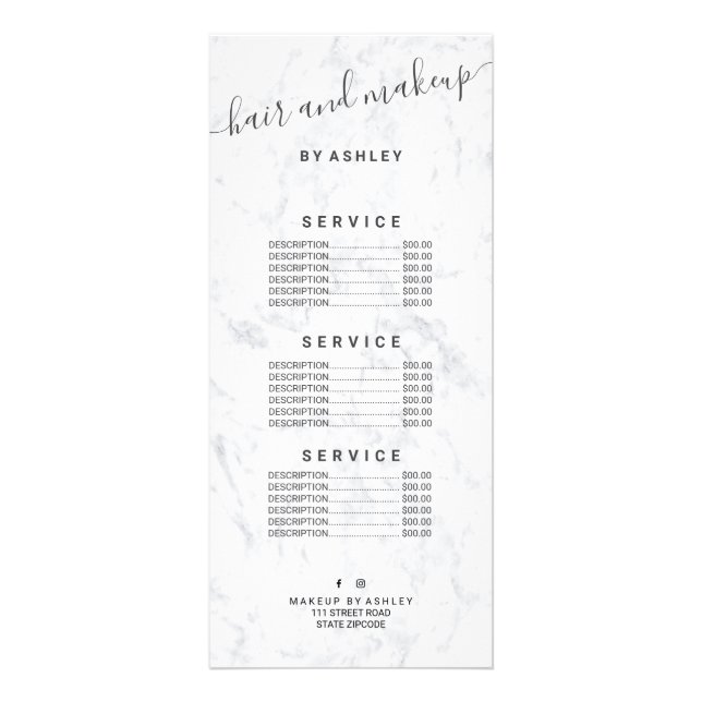 elegant typography trendy white marble hair makeup rack card (Front)