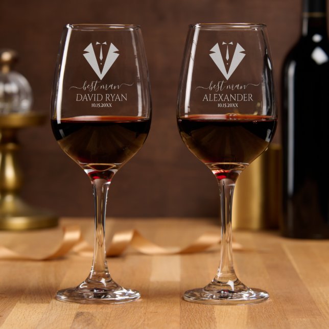 Elegant Typography Tuxedo Best Man Monogram Wine Glass (Party)