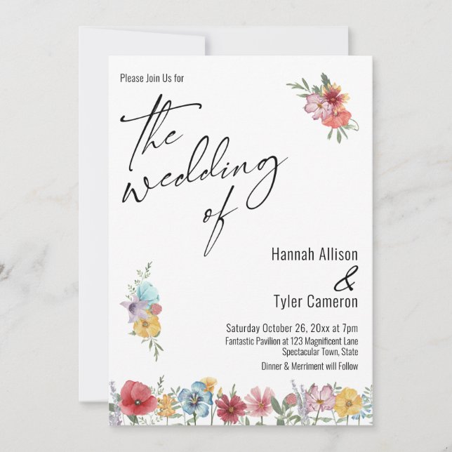 Elegant Typography Watercolor Wildflower Wedding Invitation (Front)