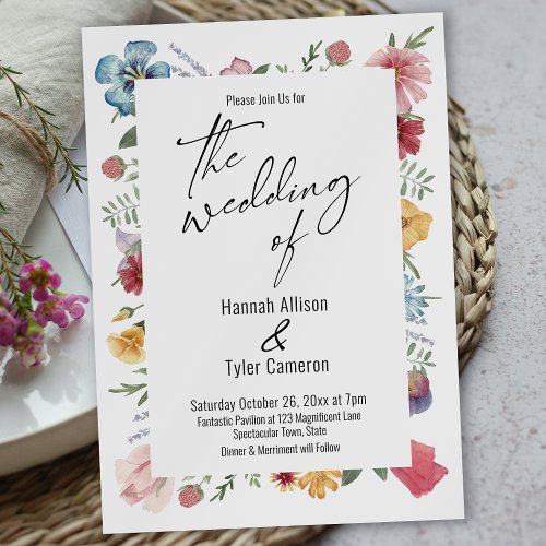 Elegant Typography Watercolor Wildflower Wedding Invitation