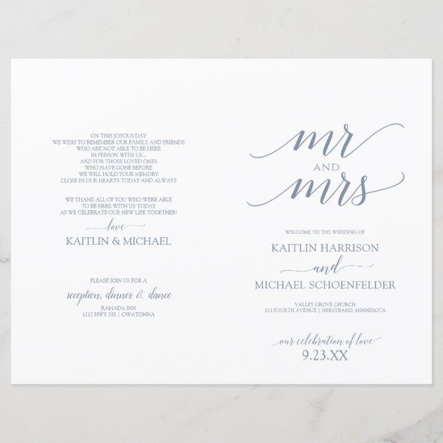 Elegant Typography Wedding Programs Dusty Blue (Front)