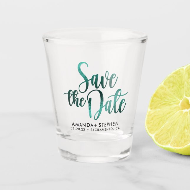 Elegant Typography Wedding Save The Date Shot Glass (Front)