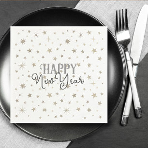 Elegant Typography White Grey Stars Happy New Year Napkins
