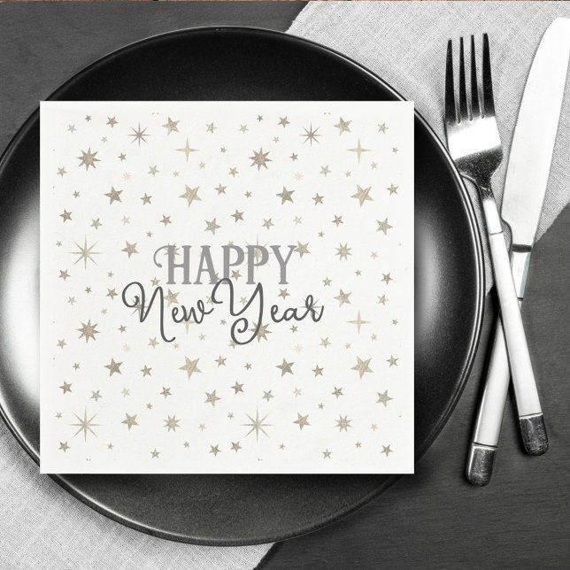 Elegant Typography White Grey Stars Happy New Year Napkins (Creator Uploaded)
