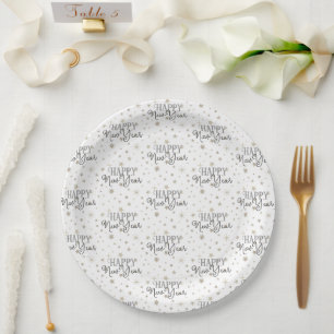 Elegant Typography White Grey Stars Happy New Year Paper Plates