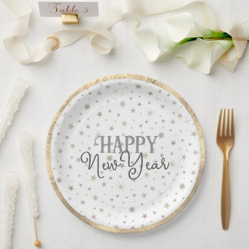 Elegant Typography White Grey Stars Happy New Year Paper Plates