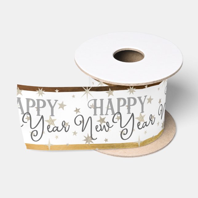 Elegant Typography White Grey Stars Happy New Year Satin Ribbon (Spool)