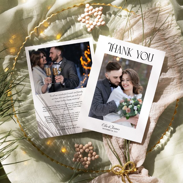 Elegant Typography Winter Wedding Photo Thank You Card (Wedding Photo Thank you card from the Holly Bells Wedding Collection by Darling and May)
