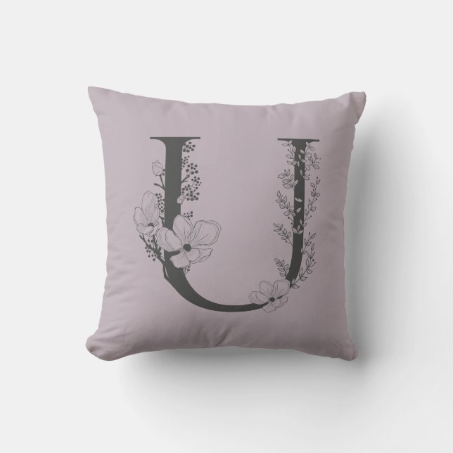 Elegant U Boho Floral Monogram Initial Lilac Gray Throw Pillow (Front)