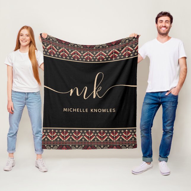 Elegant Ukrainian Pattern Design Stylish Monogram Fleece Blanket (In Situ)