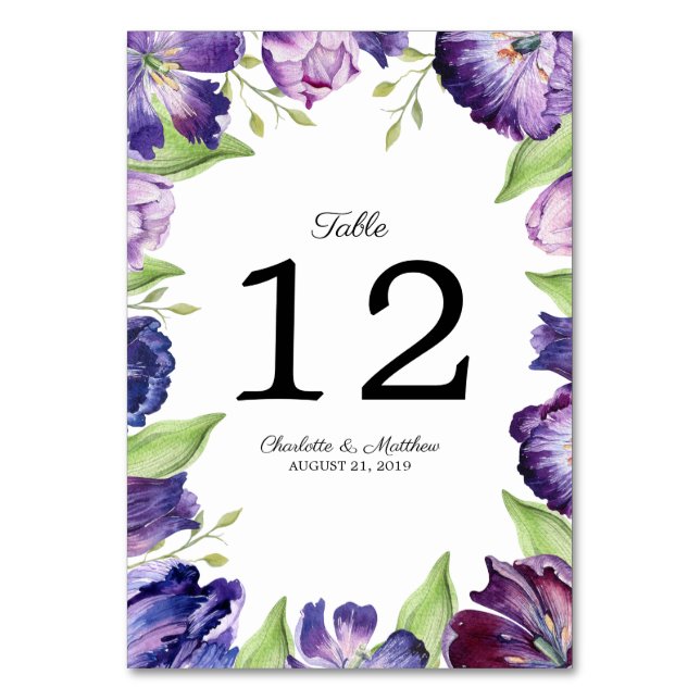 Elegant Ultra Violet Watercolor Tulips Wedding Table Number (Front)