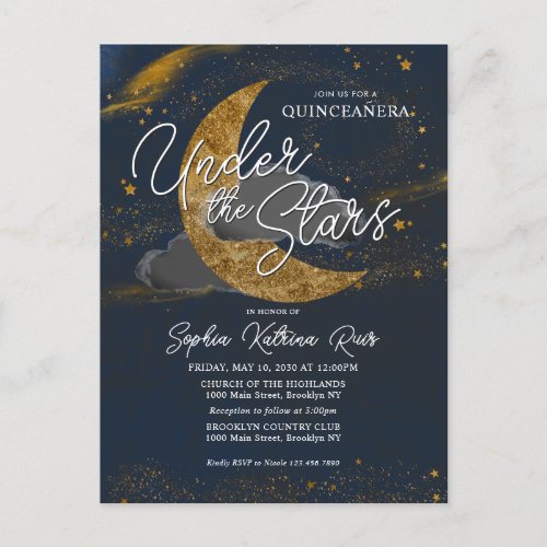 Elegant Under the Stars Blue Gold Moon Quinceanera Postcard
