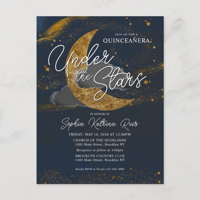 Elegant Under the Stars Blue Gold Moon Quinceanera Postcard (Front)