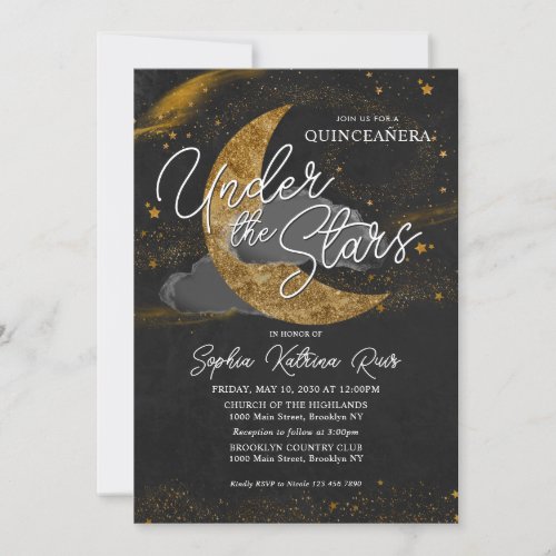 Elegant Under the Stars Gold Moon Glam Quinceanera Invitation