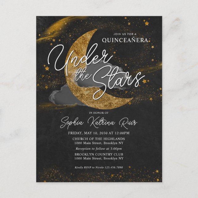 Elegant Under the Stars Gold Moon Glam Quinceanera Postcard (Front)