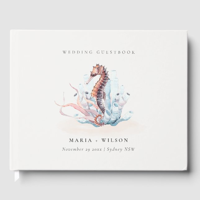 Elegant Underwater Seahorse Seaweed Coral Wedding Guest Book (Front)