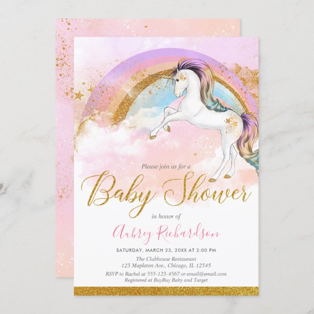 Elegant unicorn baby shower girl pastel rainbow invitation (Front/Back)