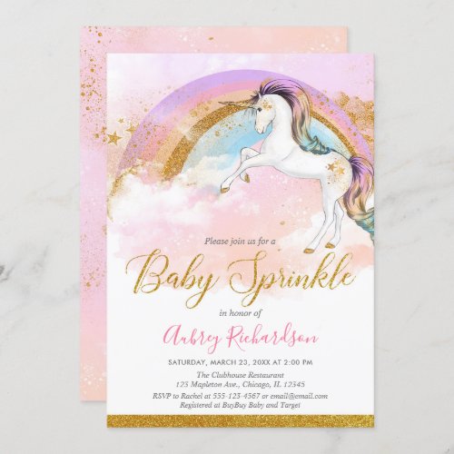 Elegant unicorn baby sprinkle girl pastel rainbow invitation