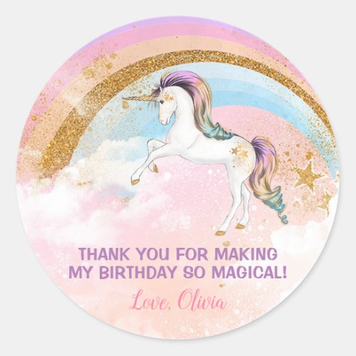 Elegant Unicorn birthday stickers pink and gold Classic Round Sticker