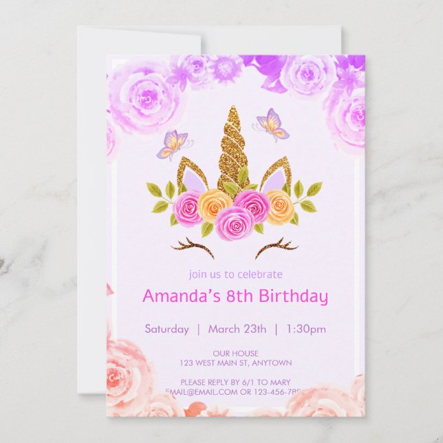 Elegant unicorn face with florals girl birthday  invitation (Front)