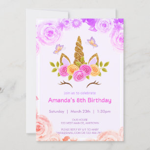 Elegant unicorn face with florals girl birthday invitation