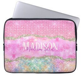 Elegant unicorn pink glitter rhinestone monogram l laptop sleeve