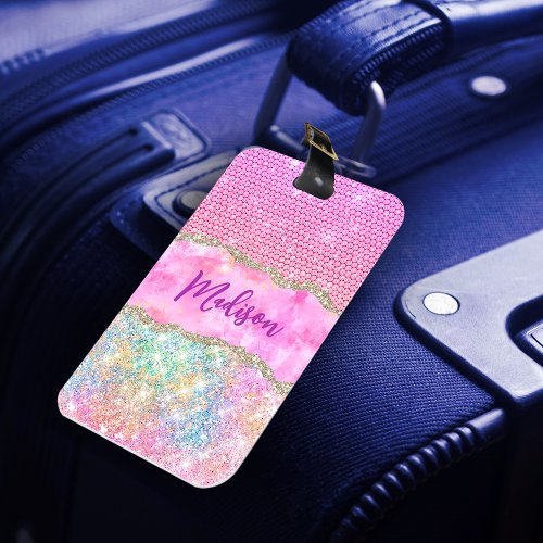 Elegant unicorn pink glitter rhinestone monogram l luggage tag