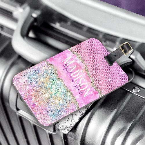 Elegant unicorn pink glitter rhinestone monogram l luggage tag